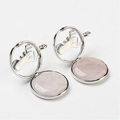 Rose Quartz Natural Rose Quartz Pendants, with Brass Diffuser Locket Finding, Flat Round with Christmas Reindeer/Stag, 31x26x8mm, Hole: 4mm
