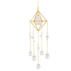 Quartz Crystal Natural Quartz Crystal Chip Pendant Decoration, with Glass Teardrop Charm, for Room Window Patio Hanging Oornaments, Golden, 500mm