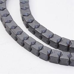 Non-magnetic Hematite Non-magnetic Synthetic Hematite Beads Strands, Frosted, Faceted, Cube with Flower, 4x4x4mm, Hole: 0.5mm, about 106pcs/strand, 15.74 inch