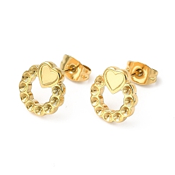Real 18K Gold Plated Ion Plating(IP) 304 Stainless Steel Stud Earring Findings, Earring Settings for Rhinestone, Ring with Heart, Real 18K Gold Plated, 11x10mm, Pin: 0.7mm, Fit for Rhinestone: 1.5mm