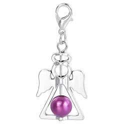 Old Rose Alloy Angel Pendant Decorations, with CCB Imitation Pearl, Old Rose, 4.4x1.9cm