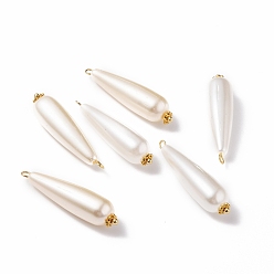 Old Lace Acrylic Imitation Pearl Pendants, with Flower Daisy Spacer Beads & Brass Ball Head Pins, Golden, Teardrop, Old Lace & White, 35x8.5mm, Hole: 2mm
