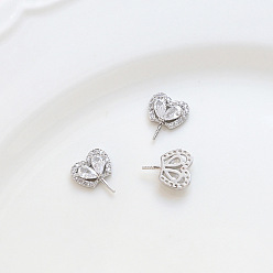 Platinum Brass Pave Clear Glass Heart Pins, for Baroque Pearl Making, Platinum, 10x8mm