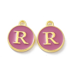 Letter R Golden Plated Alloy Enamel Charms, Cadmium Free & Lead Free, Enamelled Sequins, Flamingo, Flat Round with Letter, Letter.R, 14x12x2mm, Hole: 1.4mm