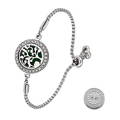 Vert Bracelet diffuseur d'huiles essentielles, alliage arbre de vie médaillon lien curseur bracelet avec cristal strass pour les femmes, platine, verte, 9-1/2 pouce (24 cm)