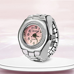 Pink 201 Stainless Steel Stretch Watchband Finger Ring Watches, Flat Round Quartz Watch for Unisex, Pink, 15x18mm, Watch Head: 19x27mm, Watch Face: 11.5mm