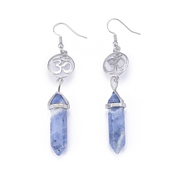 Sodalite Pointed Bullet Natural Sodalite Dangle Earrings, with Brass Earring Hooks and Flat Round with Aum/Om Symbol Links, Yoga Theme, Platinum, 78mm, Pin: 0.7mm