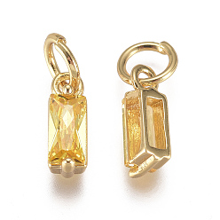 Yellow Brass Micro Pave Cubic Zirconia Charms, Long-Lasting Plated, with Jump Ring, Real 18K Gold Plated, Rectangle, Yellow, 10x3x3mm, Hole: 3mm