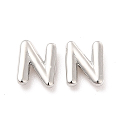 Letter N Boucles d'oreilles en laiton évidées avec lettre initiale pour femmes, platine, sans plomb et sans cadmium, letter.n, 7x5.6x1.5mm, pin: 0.8 mm