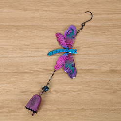 Púrpura Media Carillones de viento de cristal de libélula, decoraciones colgantes, con fornituras de hierro, púrpura medio, 380x105 mm