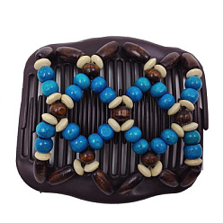 Dodger Blue Plastic Hair Bun Maker, Stretch Double Hair Comb, with Wood Beads, Dodger Blue, 80x105mm