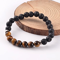Tiger Eye Natural Lava Rock Beaded Stretch Bracelets, with Tiger Eye Beads and Brass Findings, Platinum, 58mm