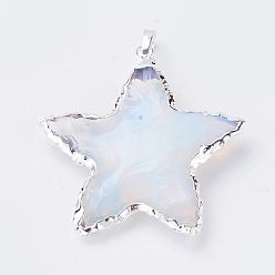 Silver Opalite Pendants, with Brass Snap on Bails, Edge Metal Color Plated, Star, Silver, 30~45x30~45x7.5~10mm, Hole: 4.5x7mm