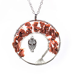 Red Jasper Natural Red Jasper Chip Owl with Tree of Life Pendant Necklaces, Curb Chain Necklace for Women, 20-7/8 inch(53cm)