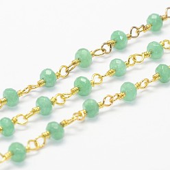 Turquoise Chaînes en perles de jade blanc naturel, chaînes à la main, avec bobine, non soudée, teint, facettes rondelle, avec les accessoires en laiton, or, turquoise, 4x3mm, environ 16.4 pieds (5 m)/rouleau