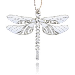 White Platinum Alloy Enamel Dragonfly Big Pendants, with Rhinestone, White, 57x64x5mm, Hole: 2mm
