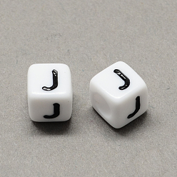 Letter J Grand trou acrylique lettre européenne perles, trou horizontal, blanc et noir, cube avec letter.j, 6x6x6mm, Trou: 4mm, environ2950 pcs / 500 g