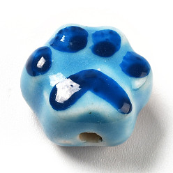 Deep Sky Blue Handmade Printed Porcelain Beads, Paw Prints, Deep Sky Blue, 13.5x15x9.5mm, Hole: 1.8mm