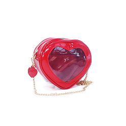 Red PU Leather Crossbody Bags, Heart Shaped Women Bags, with Clear Window & Iron Curb Chains Bag Straps, Red, 170x200x70mm