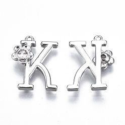 Letter K Brass Pendants, with Rhinestones, Alphabet, Platinum, Letter.K, 18x13.5x2.5mm, Hole: 1mm