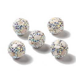 Blanc Perles de strass d'argile polymère , avec éclats d'imitation de pierres précieuses, ronde, blanc, 16x17mm, Trou: 1.8mm