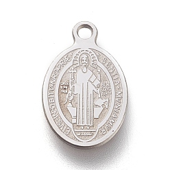 Stainless Steel Color 304 Stainless Steel Charms, Laser Cut, Oval, Saint Benedict Medal, Stainless Steel Color, 14.5x9x0.5mm, Hole: 1.2mm
