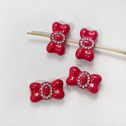 Crimson Zinc Alloy with Rhinestone Beads, Bowknot, Crimson, 17x10mm