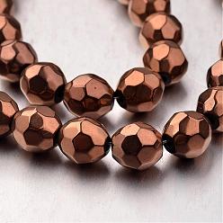 Copper Plated Electroplate Non-magnetic Synthetic Hematite Bead Strands, Faceted, Round, Copper Plated, 8x8mm, Hole: 1mm, about 49pcs/strand, 15.7 inch