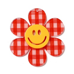 Red Tartan Pattern Acrylic Big Pendants, Flower with Smiling Face, Red, 55x50x4.5mm, Hole: 1.8mm