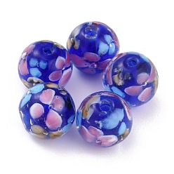 Midnight Blue Round Lampwork Beads, Plum Flower Petal Pattern, with Hole, Midnight Blue, 12mm, Hole: 1.8mm