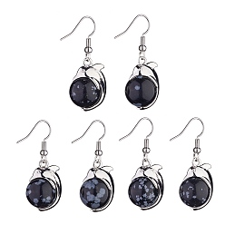 Snowflake Obsidian Natural Snowflake Obsidian Dolphin Dangle Earrings with Crystal Rhinestone, Platinum Brass Jewelry for Women, 38mm, Pin: 0.6mm