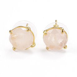 Rose Quartz Natural Rose Quartz Stud Earrings, with Golden Tone Brass Findings, Faceted Flat Round, 11mm, Pin: 0.8mm