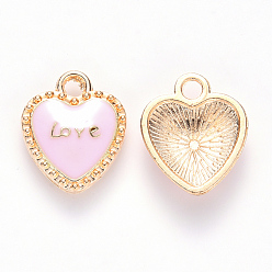 Pink Alloy Enamel Pendants, Heart, with Word LOVE, for Valentine's Day, Light Gold, Pink, 16x13x3mm, Hole: 2mm
