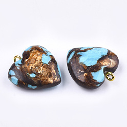 Turquoise Synthétique Pendentifs assemblés en bronzite et turquoise synthétique, avec les accessoires en fer, cœur, or, 20~22x19~20x5~7mm, Trou: 2mm