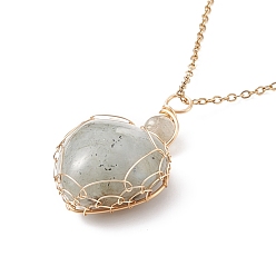 Labradorite Copper Wire Wrapped Natural Labradorite Heart Pendant Necklaces, Golden Plated 304 Stainless Steel Necklace for Women, 17.52 inch(44.5cm), 1.5mm