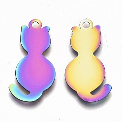 Rainbow Color Ion Plating(IP) 201 Stainless Steel Pendants, Stamping Blank Tag, Etched Metal Embellishments, Cat Shape, Rainbow Color, 27x14x0.3mm, Hole: 1.8mm