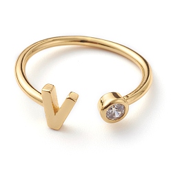 Letter V Brass Micro Pave Clear Cubic Zirconia Cuff Rings, Open Rings, Long-Lasting Plated, Real 18K Gold Plated, Letter V, US Size 6, Inner Diameter: 17mm