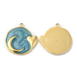 Cadet Blue Real 18K Gold Plated 304 Stainless Steel Pendants, with Enamel, Flat Round with Moon & Heart Charm, Cadet Blue, 17.5x17x2mm, Hole: 1.4mm