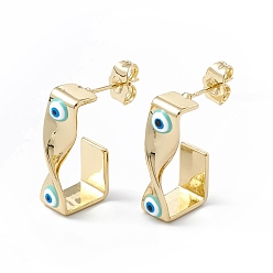 Turquoise Brass Enamel Evil Eye Stud Earrings, with Ear Nuts, Real 18K Gold Plated Twist Earrings for Women Girls, Turquoise, 24x12mm, Pin: 1mm