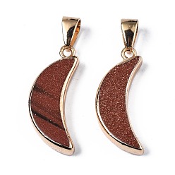Goldstone Synthetic Goldstone Pendants, with Golden Brass Pinch Bail and Edge, Moon, 28x11~12x4mm, Hole: 7x4mm
