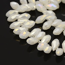 Blanc Pendentifs en verre galvanisé à facettes en forme de larme brins de perles, perles percées, de couleur plaquée ab , blanc, 12x6mm, Trou: 1mm, Environ 100 pcs/chapelet, 15.5 pouce