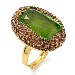 Золотой Прямоугольное регулируемое кольцо из оливкового стекла со стразами, латунное кольцо для женщин, золотые, внутренний диаметр: 18.2 мм