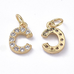 Real 18K Gold Plated Brass Micro Pave Grade AAA Cubic Zirconia Charms, Letter C, Cadmium Free & Nickel Free & Lead Free, Real 18K Gold Plated, 9x6x1.5mm, Hole: 2mm
