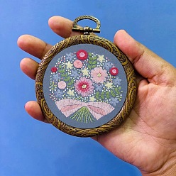 Cornflower Blue DIY Pendant Decoration Embroidery Kits, Including Printed Cotton Fabric, Embroidery Thread & Needles, Embroidery Hoop, Bouquet Pattern, Cornflower Blue, Embroidery Hoop: 100mm