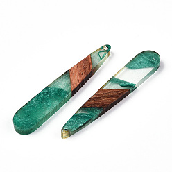 Vert De Mer Clair Grands pendentifs en résine transparente et bois de noyer, avec de la poudre de paillettes, charmes de larme, vert de mer clair, 44x7.5x3.5mm, Trou: 1.4mm