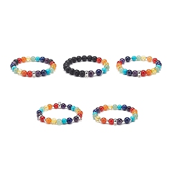 Mixed Stone 5Pcs 5 Style Natural & Synthetic Mixed Gemstone Round Beaded Stretch Bracelets Set with Alloy Tube Bails, Chakra Yoga Theme Stackable Bracelets for Women, Inner Diameter: 2-1/4 inch(5.7cm), 1Pc/style
