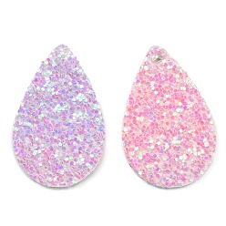 Colorful PU Leather Pendants, with Sequins, teardrop, Colorful, 39x25x2mm, Hole: 1.5mm