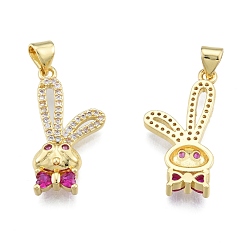 Real 18K Gold Plated Brass Micro Pave Cubic Zirconia Pendants, Rabbit with Bowknot, Real 18K Gold Plated, 26x13x3mm, Hole: 3.5x4mm