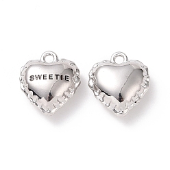 Platinum Valentine's Day Alloy Pendants, Heart with Word Sweetie, Platinum, 15x13x6mm, Hole: 1.6mm