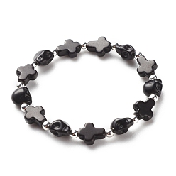Noir Bracelet extensible en perles de turquoise synthétique (teint) avec croix et tête de mort, bijoux de pierres précieuses d'halloween pour les enfants, noir, diamètre intérieur: 1-7/8 pouce (4.8 cm)